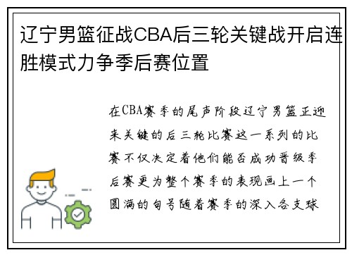 辽宁男篮征战CBA后三轮关键战开启连胜模式力争季后赛位置